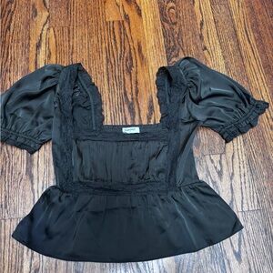 Rumored Black Napa Valley Top NWT M elegant blouse satin lace tee shirt puffy